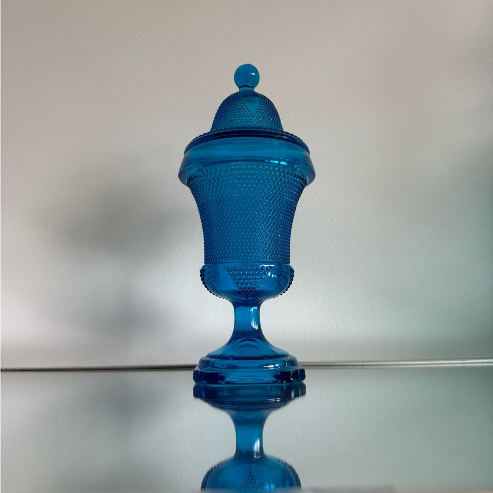 Vintage L.E. smith turquoise blue footed apothecary jar with lid - Picture 4 of 9